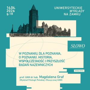 Plakat zapowiadający wykład „W Poznaniu, dla Poznania, o Poznaniu” z cyklu „Uniwersyteckie Wykłady na Zamku”, z datą 14.04.2026 i nazwiskiem prowadzącej prof. UAM dr hab. Magdaleny Graf. W tle stylizowana grafika Zamku Cesarskiego w Poznaniu.