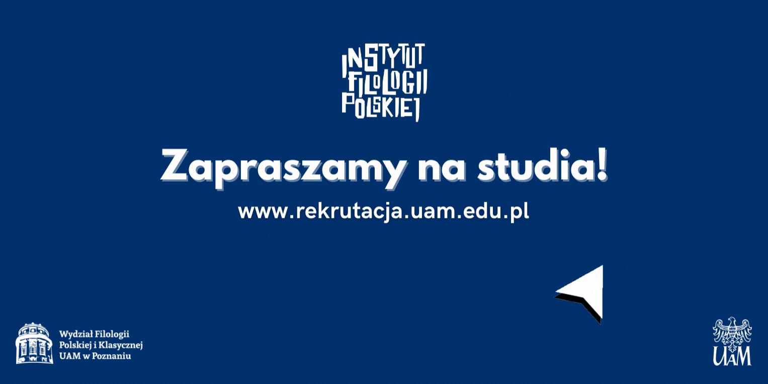 Na granatowym tle białe logo IFP, pod nim napis "Zapraszamy na studia!" i link rekrutacja.uam.edu.pl. Na link wskazuje poruszająca się strzałka. Na dole logotyp WFPiK i logotyp UAM.