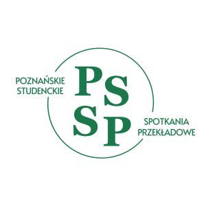 Logo „Poznańskie Studenckie Spotkania Przekładowe” przedstawiające zielone litery „PS SP” wpisane w okrąg, z pełną nazwą wydarzenia umieszczoną po lewej i prawej stronie.