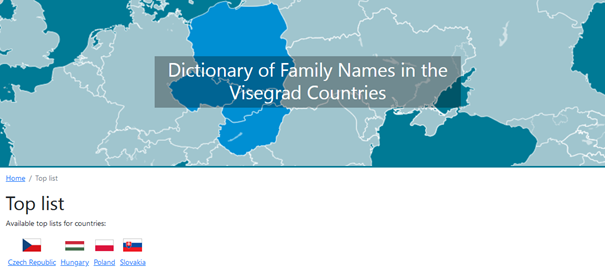 Mapa Europy Środkowej z zaznaczonymi ciemniejszym kolorem Polską, Czechami, Słowacją i Węgrami, na tle mapy napis "Dictionary of Family Names in the Visegrad Countries", poniżej nazwy krajów i ich flagi będące aktywnymi linkami.