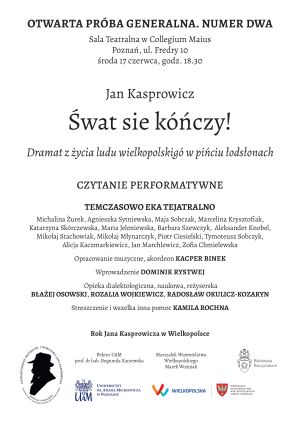 Ogłoszenie reklamujące drugą otwartą próbę czytania performatywnego 