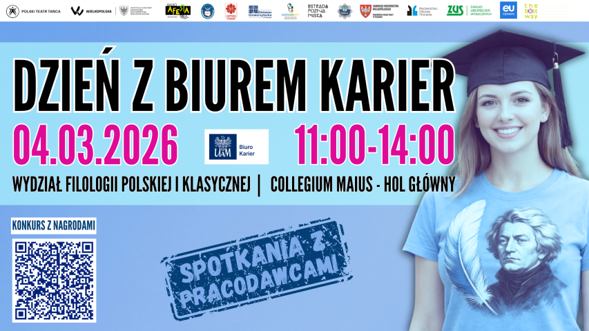 Grafika promująca wydarzenie „Dzień z Biurem Karier”. Na niebieskim tle znajdują się duże napisy informujące, że wydarzenie odbędzie się 4 marca 2026 roku w godzinach 11:00–14:00 na Wydziale Filologii Polskiej i Klasycznej UAM, w holu głównym Collegium Maius. Po lewej stronie widoczny jest kod QR z podpisem „Konkurs z nagrodami”. Pośrodku znajduje się stempel z napisem „Spotkania z pracodawcami”. Po prawej stronie przedstawiono osobę w czapce absolwenckiej i koszulce z grafiką piór. W górnej części widoczne są logotypy partnerów i organizatorów.